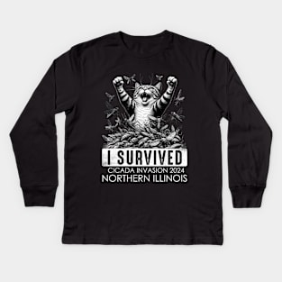 Northern Illinois Cicada Invasion Survivor Funny Cat Kids Long Sleeve T-Shirt